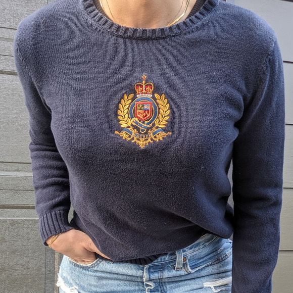 Vintage Y2K Ralph Lauren Navy Blue Embroidered Crest Knit Sweater - Picture 5 of 11